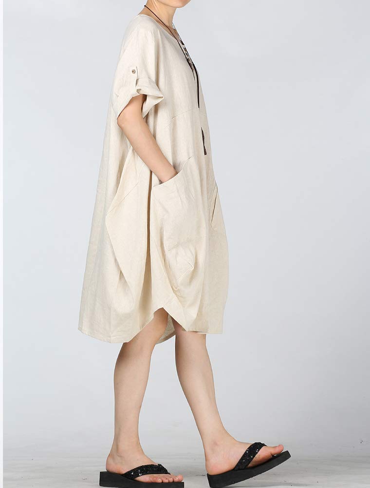 LaovanIn Women's Plus Size Tunic Dress Summer Cotton Linen T Shirt Knee-Length Dresses X-Large Beige - Image 2